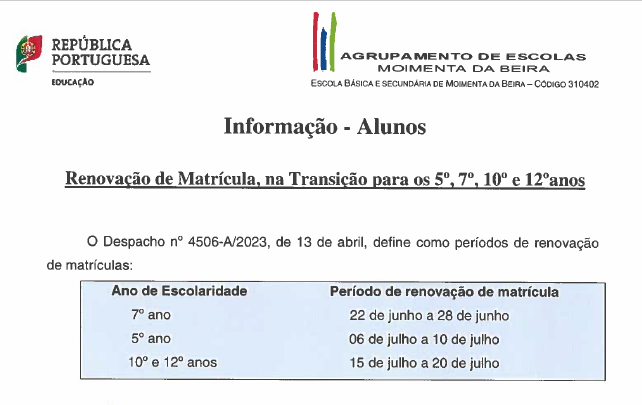 Renovação de Matrícula, na transição para os 5º, 7º, 10º e 12º anos